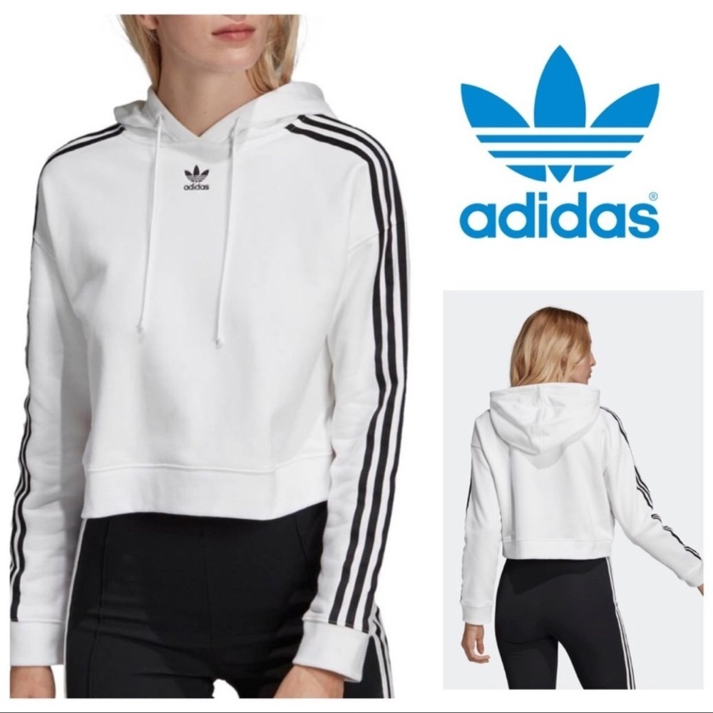 PAKAIAN adidas CROPPED HOODIE white with three black stripes size 8 oversized